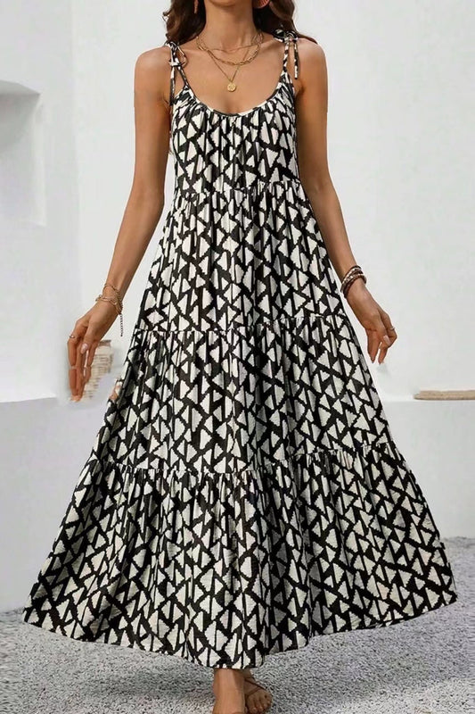 040 Spaghetti Strap Black & White Maxi Tiered Dress