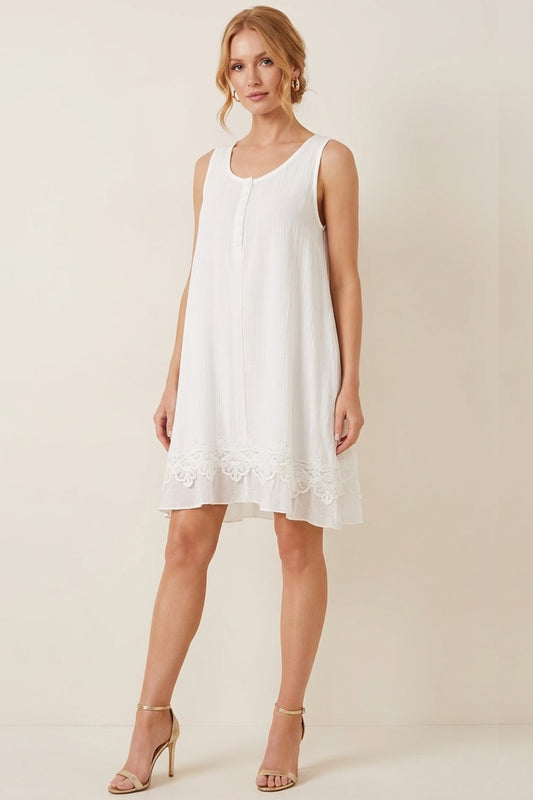 85000 Summer Cream Sleeveless Dress with Lace Hem