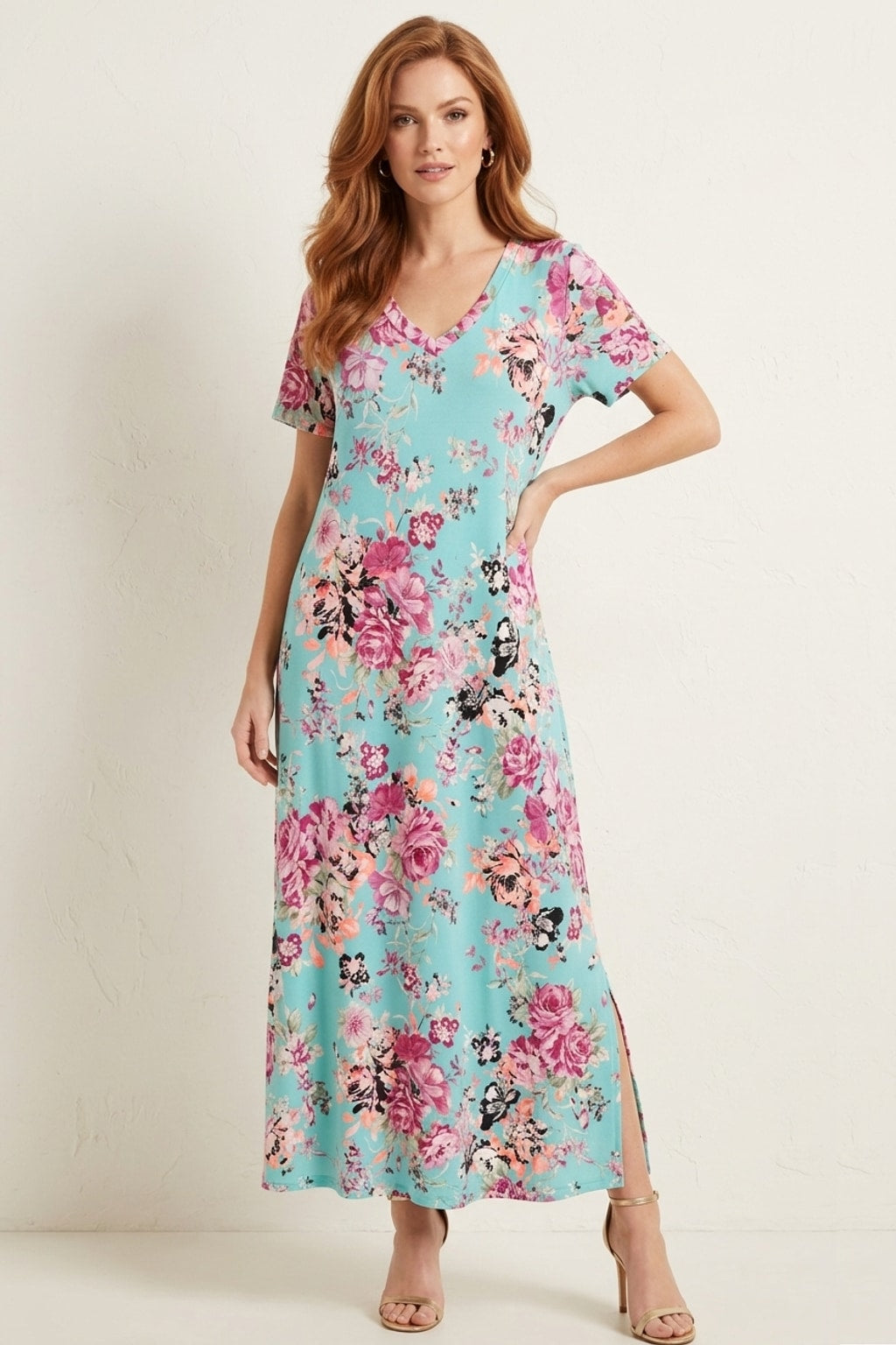 5397 Aqua Bloom Floral Maxi Dress with pocket