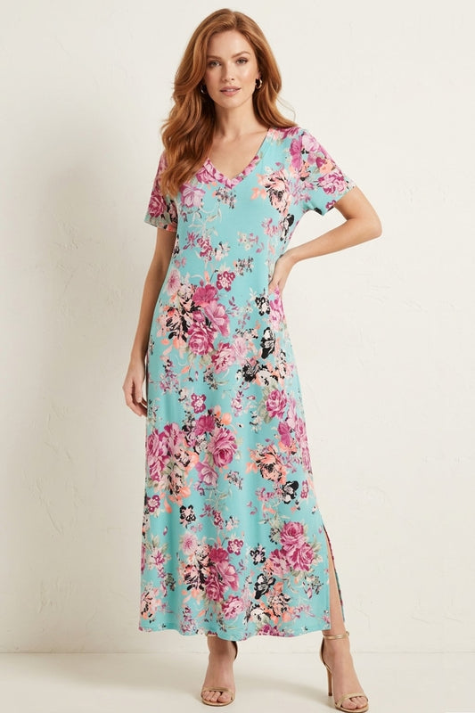 5397 Aqua Bloom Floral Maxi Dress with pocket
