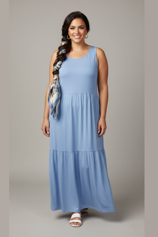 43050 Coastal Blue Tiered Maxi Dress Plus