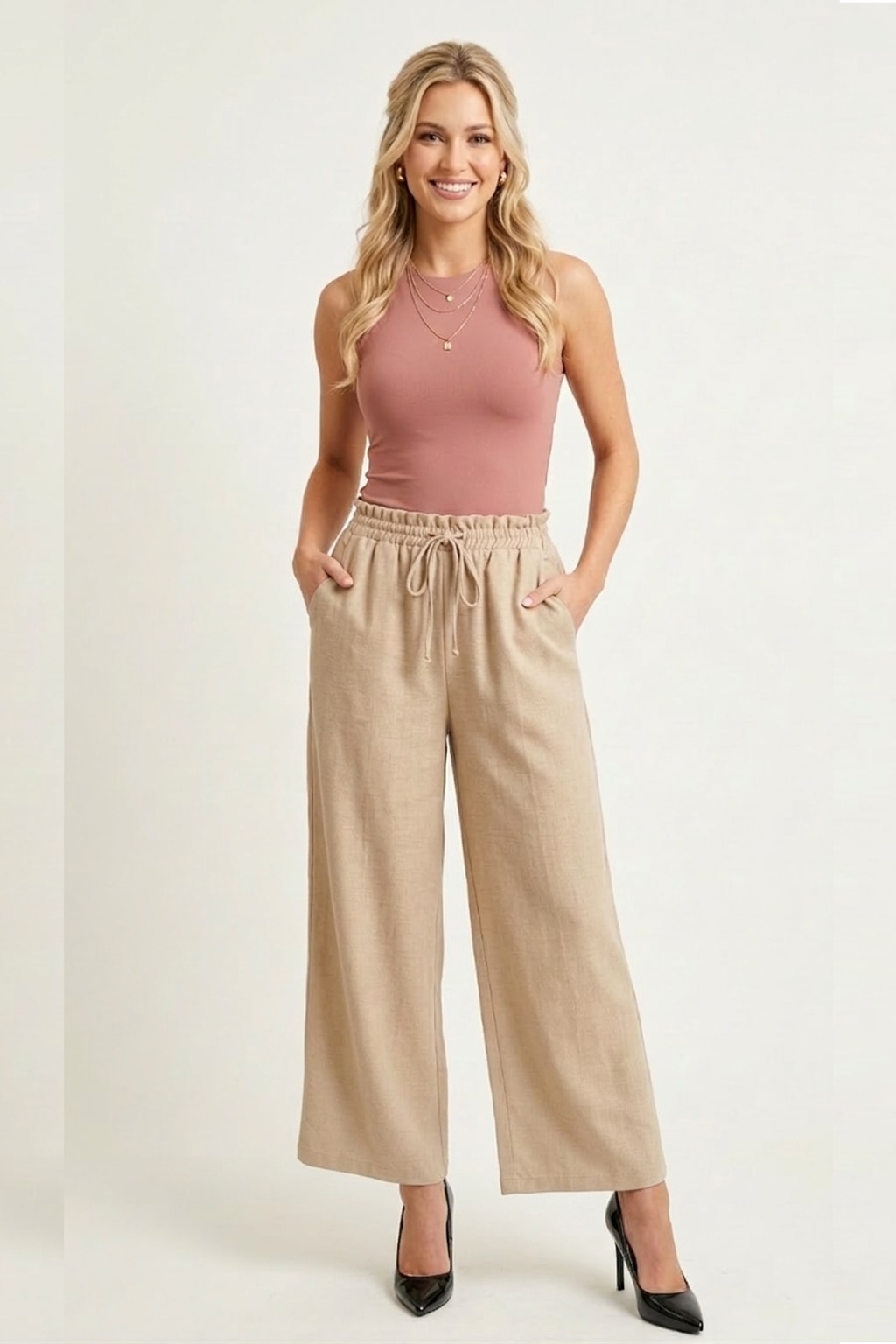 1013CC Sandy Beige Crop Drawstring Pants with side pocket