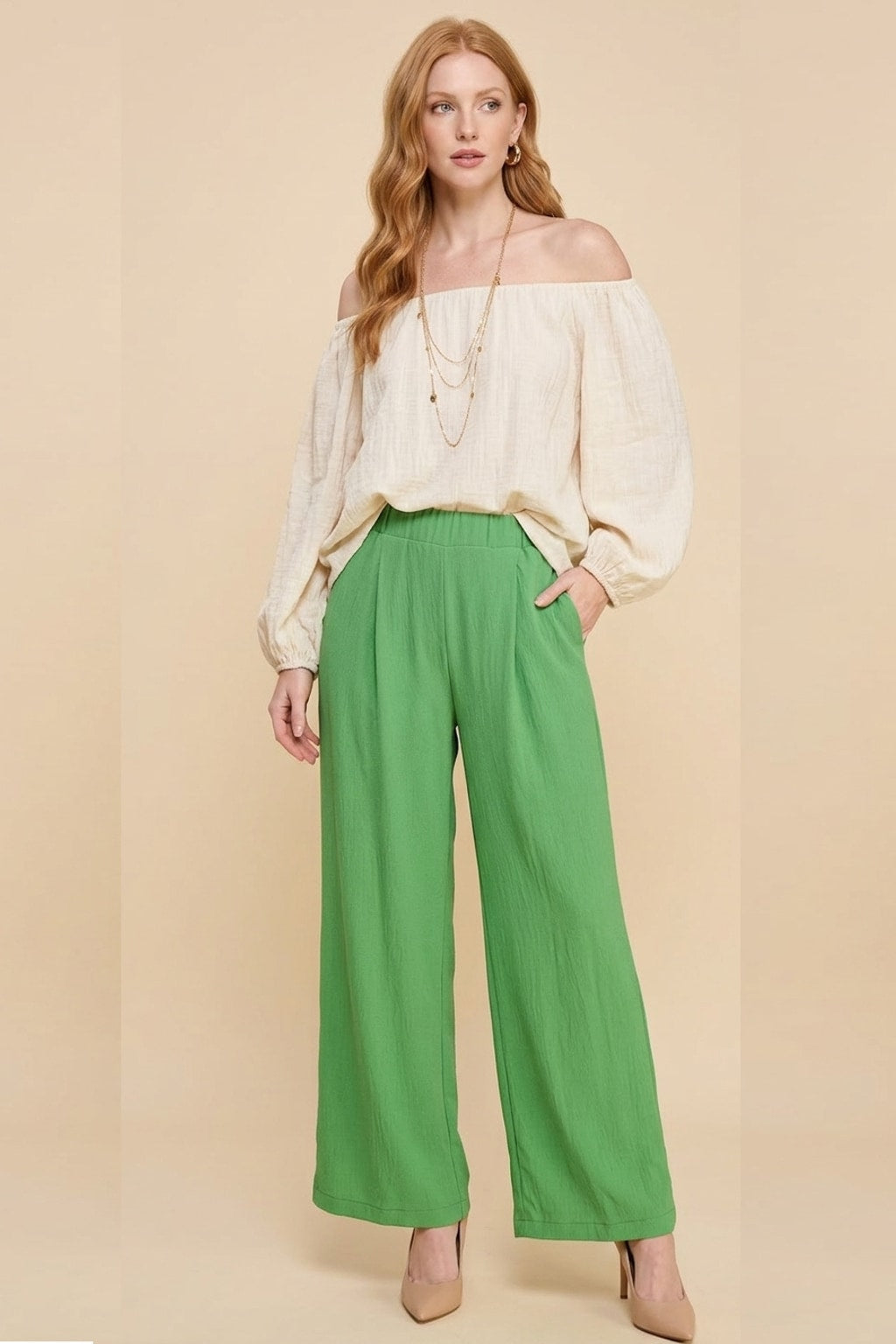 1234 Vibrant Green Pleated Trousers with Side Pocket
