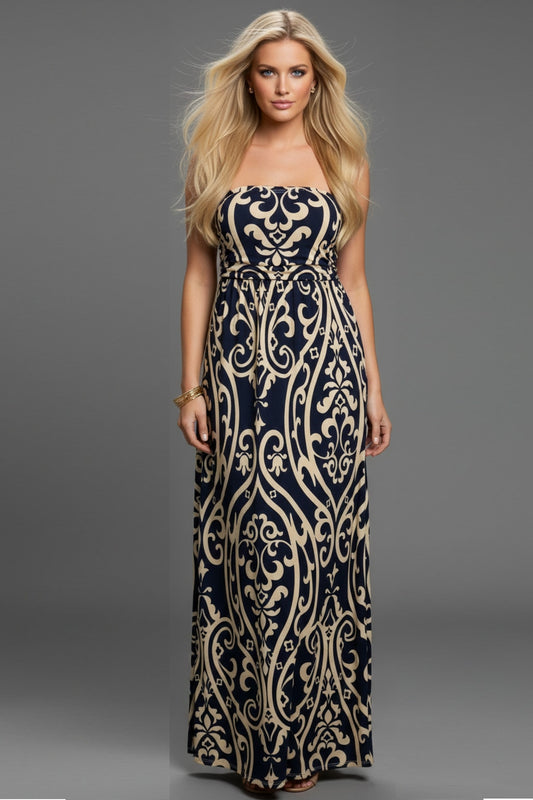 1231 Navy & Tan Maxi Dress with side pockets