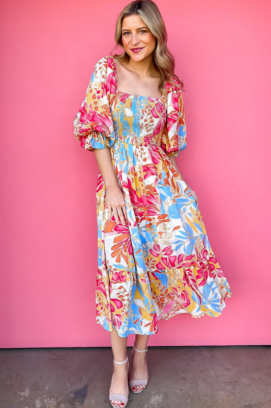 0448 Tropical Print Smocked Bodice Puff Sleeve Maxi Dress