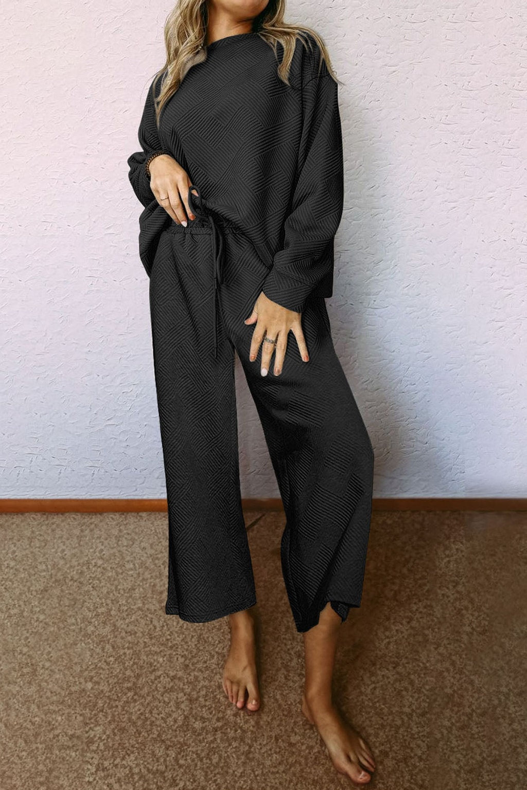 Style 5266 Black Ultra Loose Textured 2pcs Slouchy Outfit
