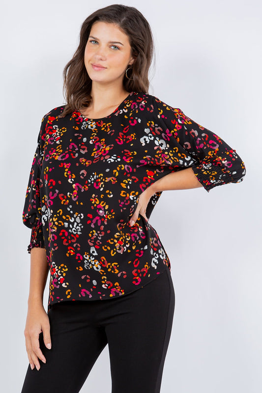 Style 5362 Black/Fucsia Leo Print Synched Sleeve Top - Limited Stock