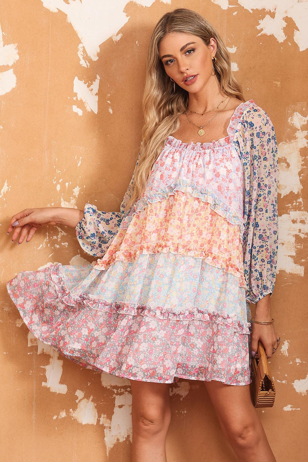 Style 5622-6 Sky Blue Floral Colorblock Tiered Puff Sleeve Dress