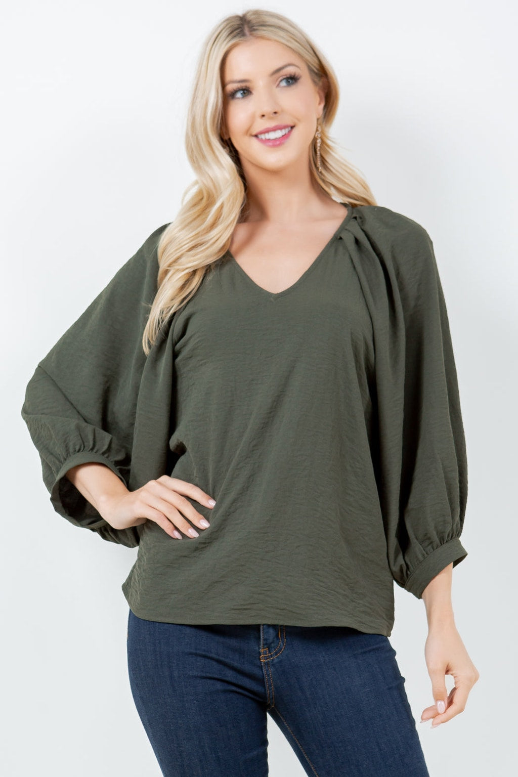 Style 5727 Olive Airflow Pleat Shoulder Top