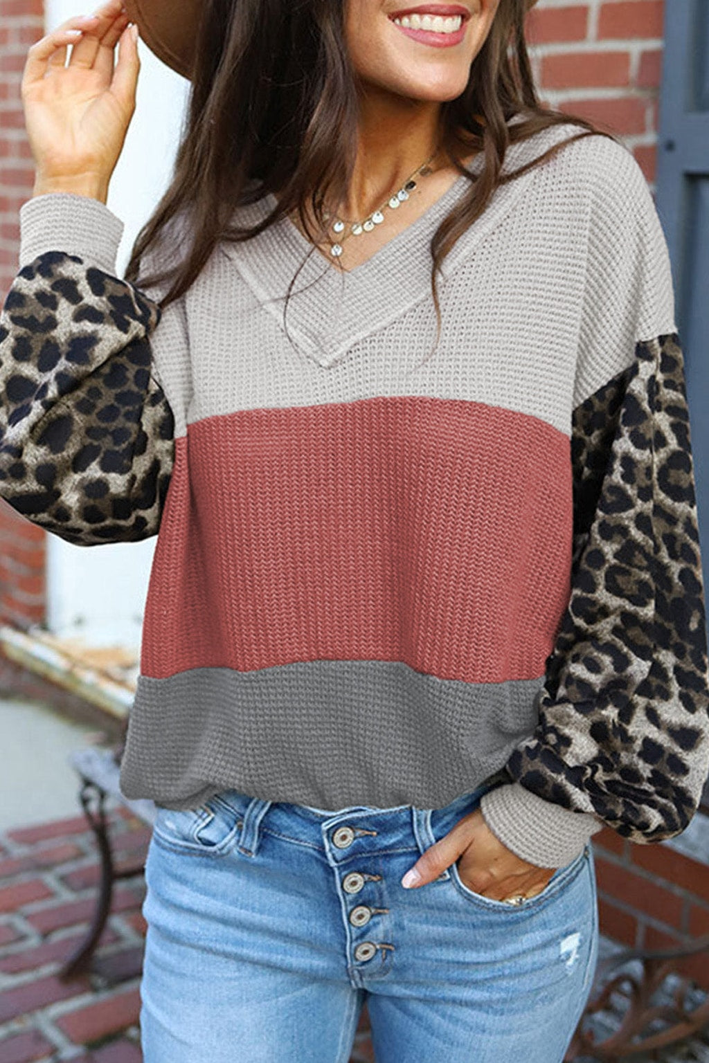 Style 5978 Rust Leopard Contrast Sleeve Waffle Top