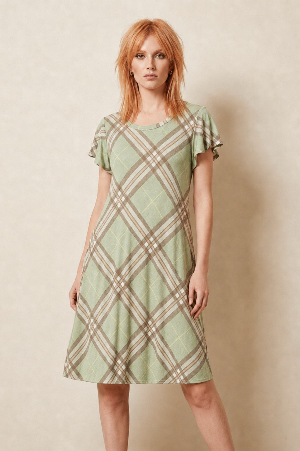5637 Sage Charm Plaid Dress with side pockets