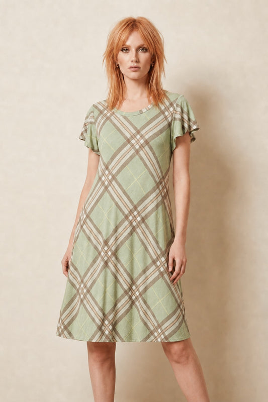 5637 Sage Charm Plaid Dress with side pockets