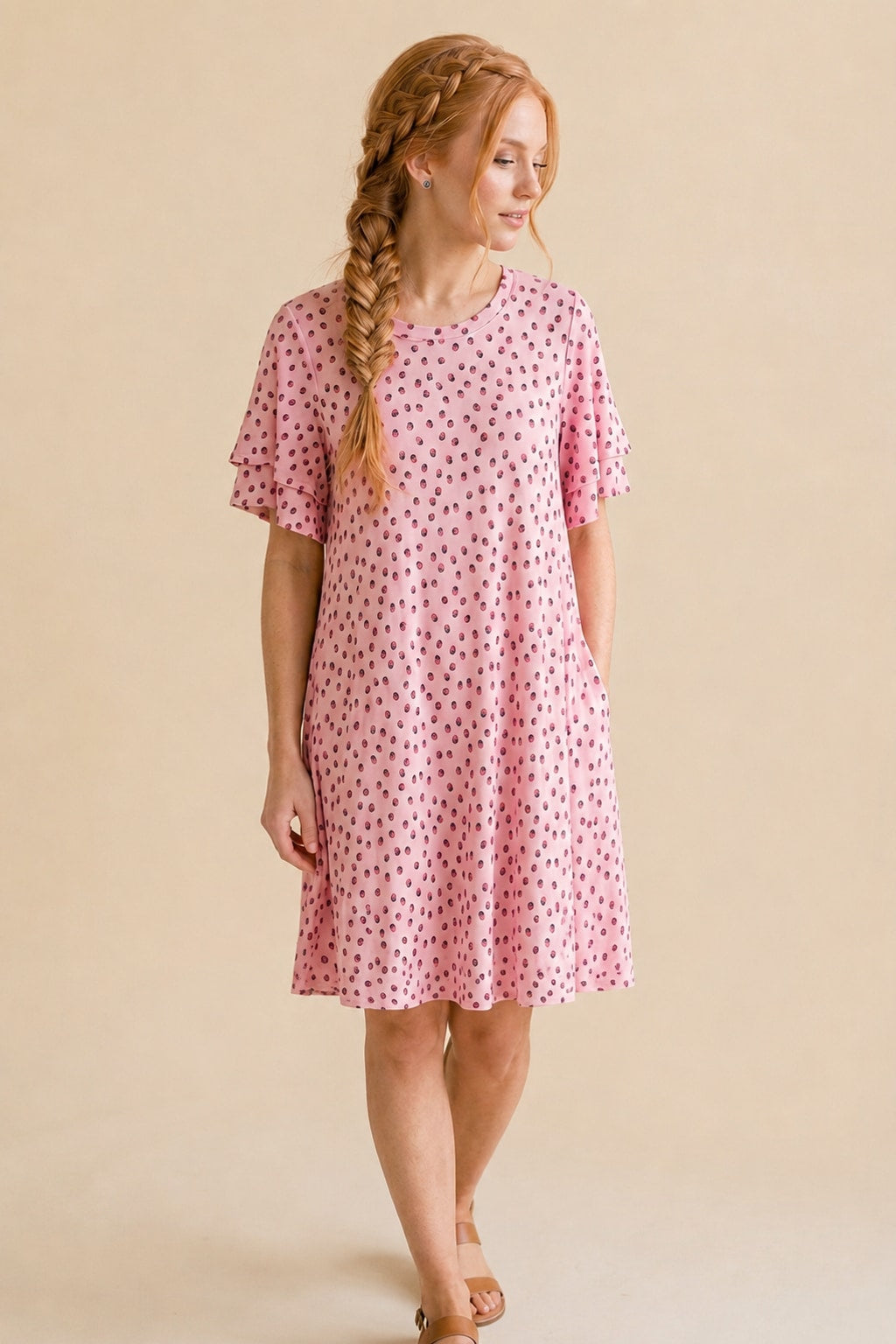 5670 Malibu Pink Polka Dress with side pockets