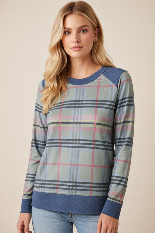 01 Sage Plaid Denim Trim Top
