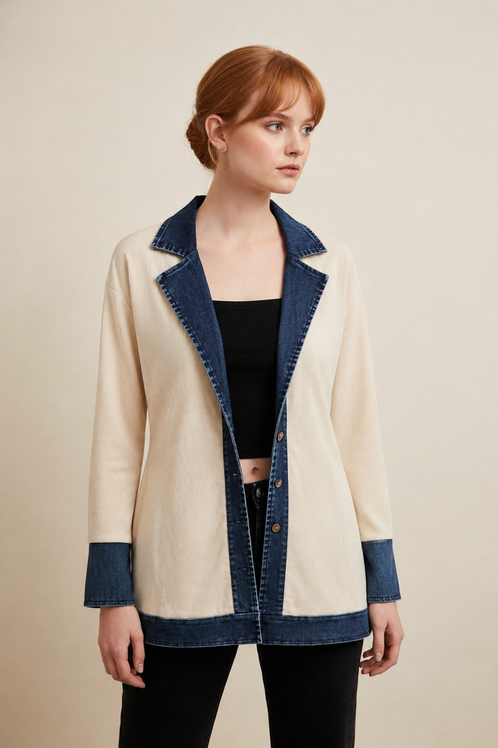 6416 Apricot Ribbed Denim Trim Jacket