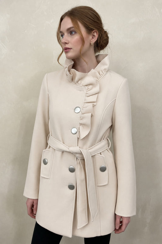 7370 Cream Ruffle Button-Up Coat