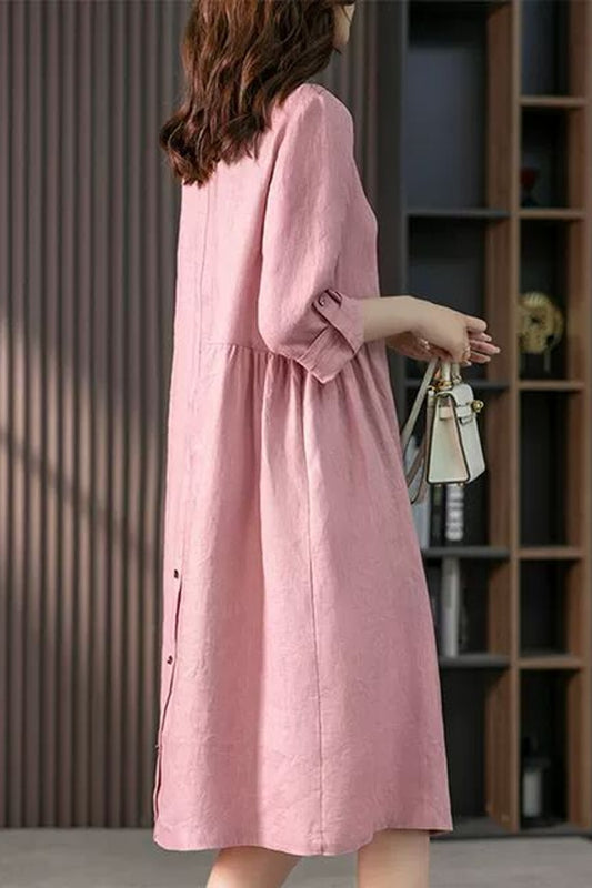 Style 107 Pink Linen Blend Button Down Dress
