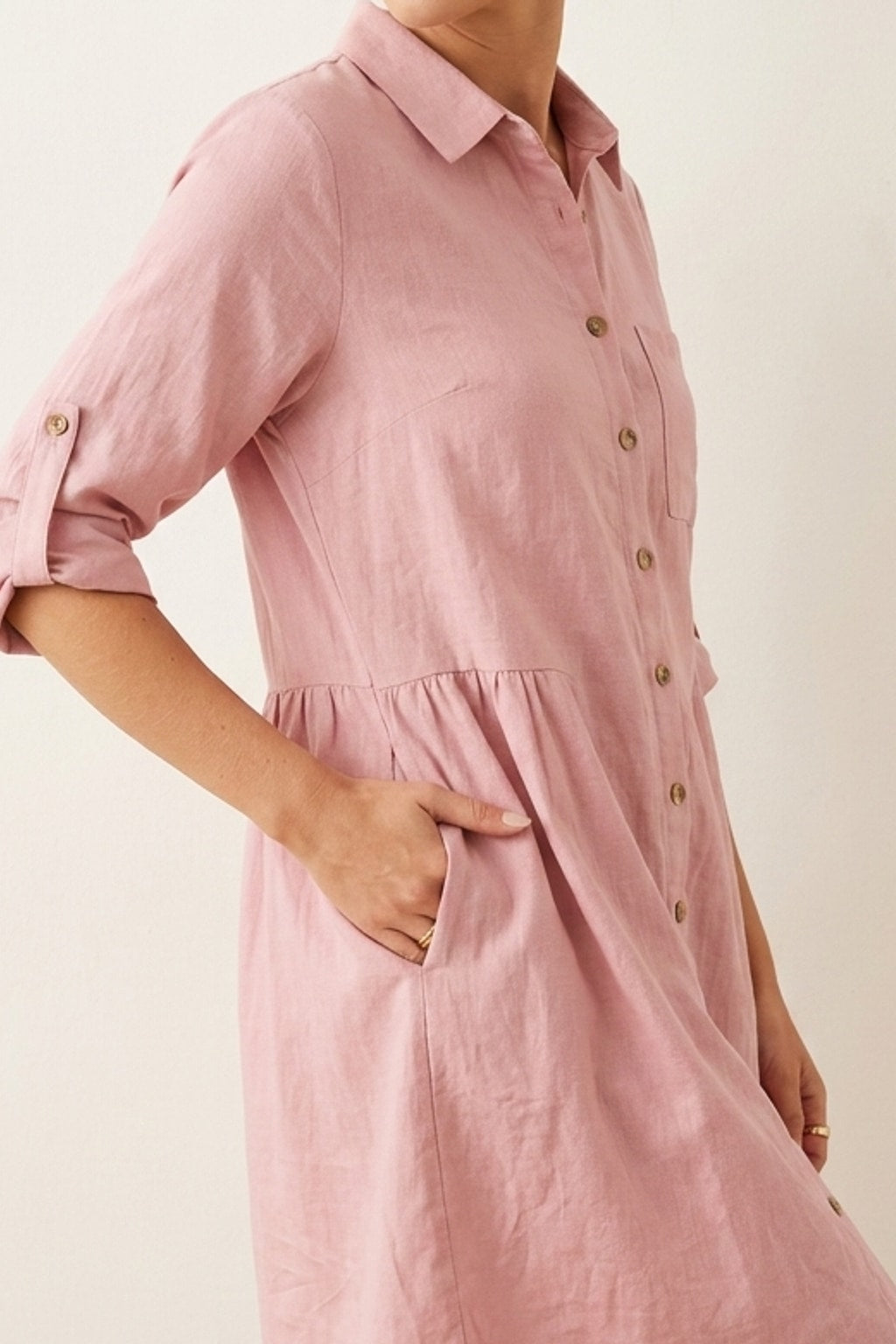 9887 Blush Pink Button-Down Linen Dress with pockets