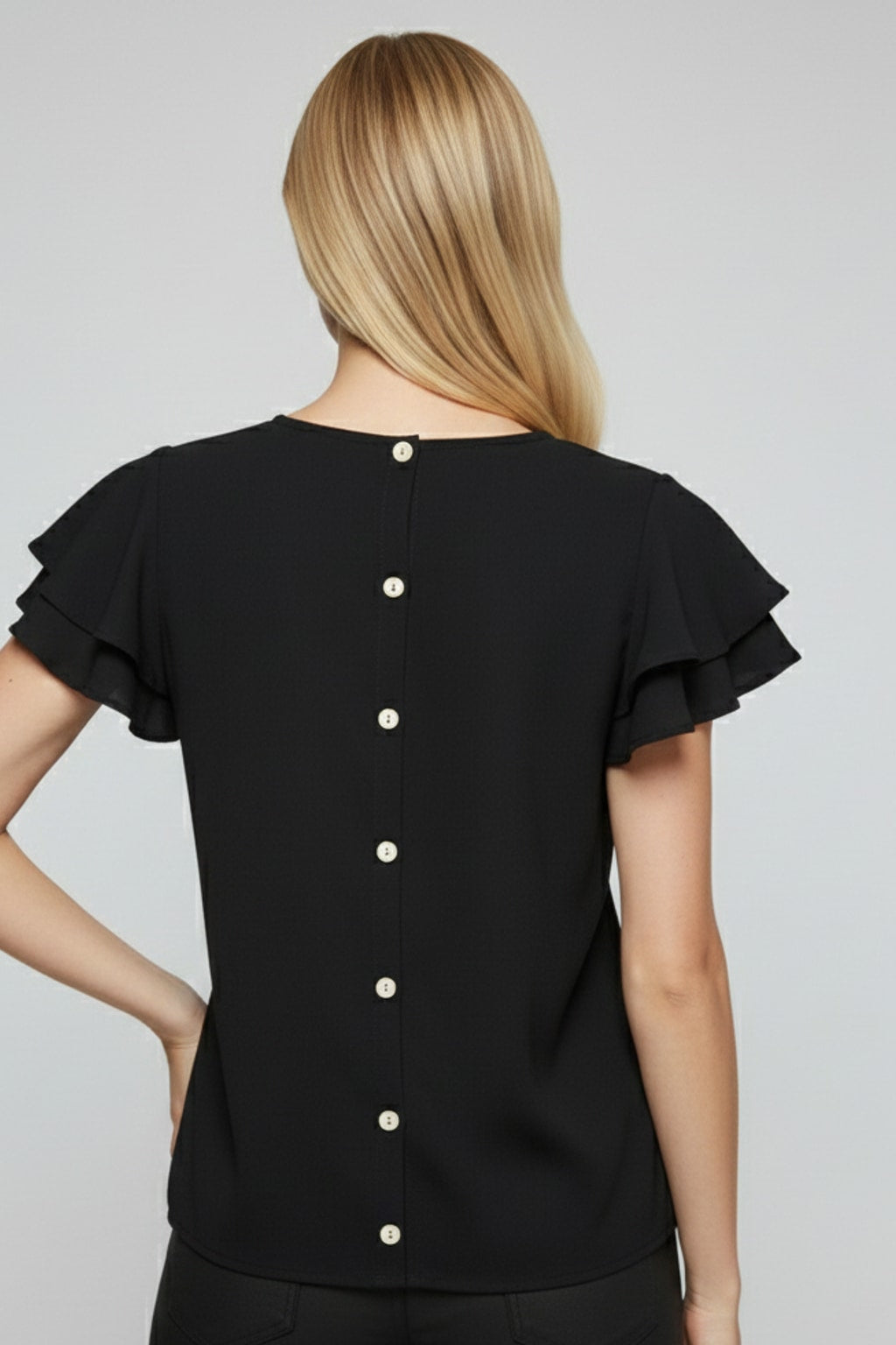 5812 Black Ruffle-Sleeve Button-Back Blouse