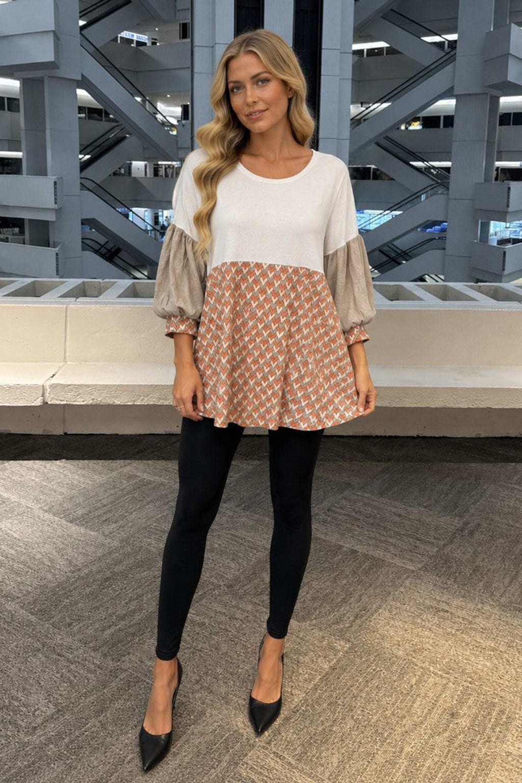 B5133 Color Block Puff-Sleeve Babydoll Top
