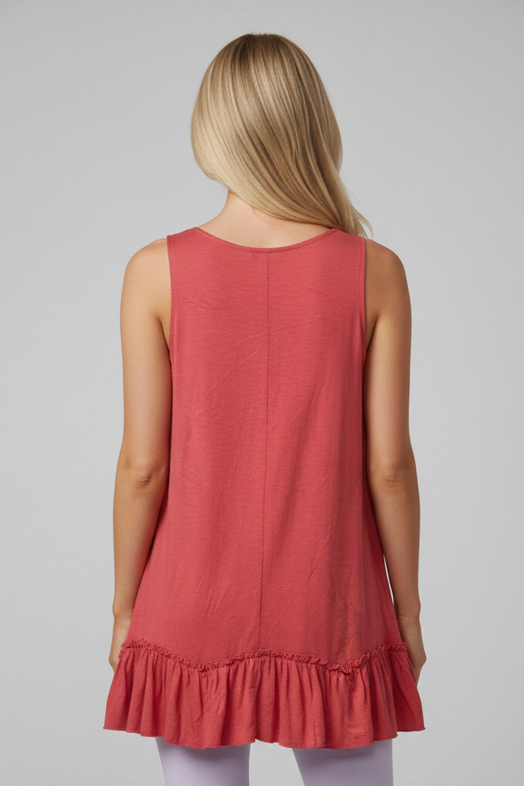 319 Deep Coral Ruffle-Hem Sleeveless Top