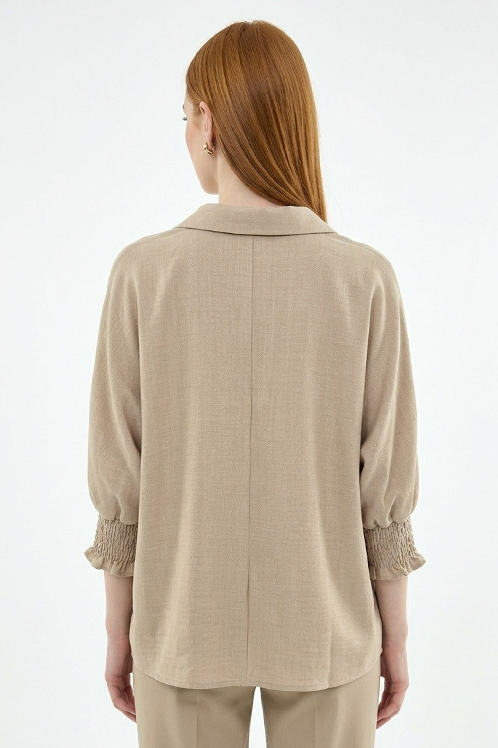 5820CC Sandy Beige Smocked Sleeve Blouse