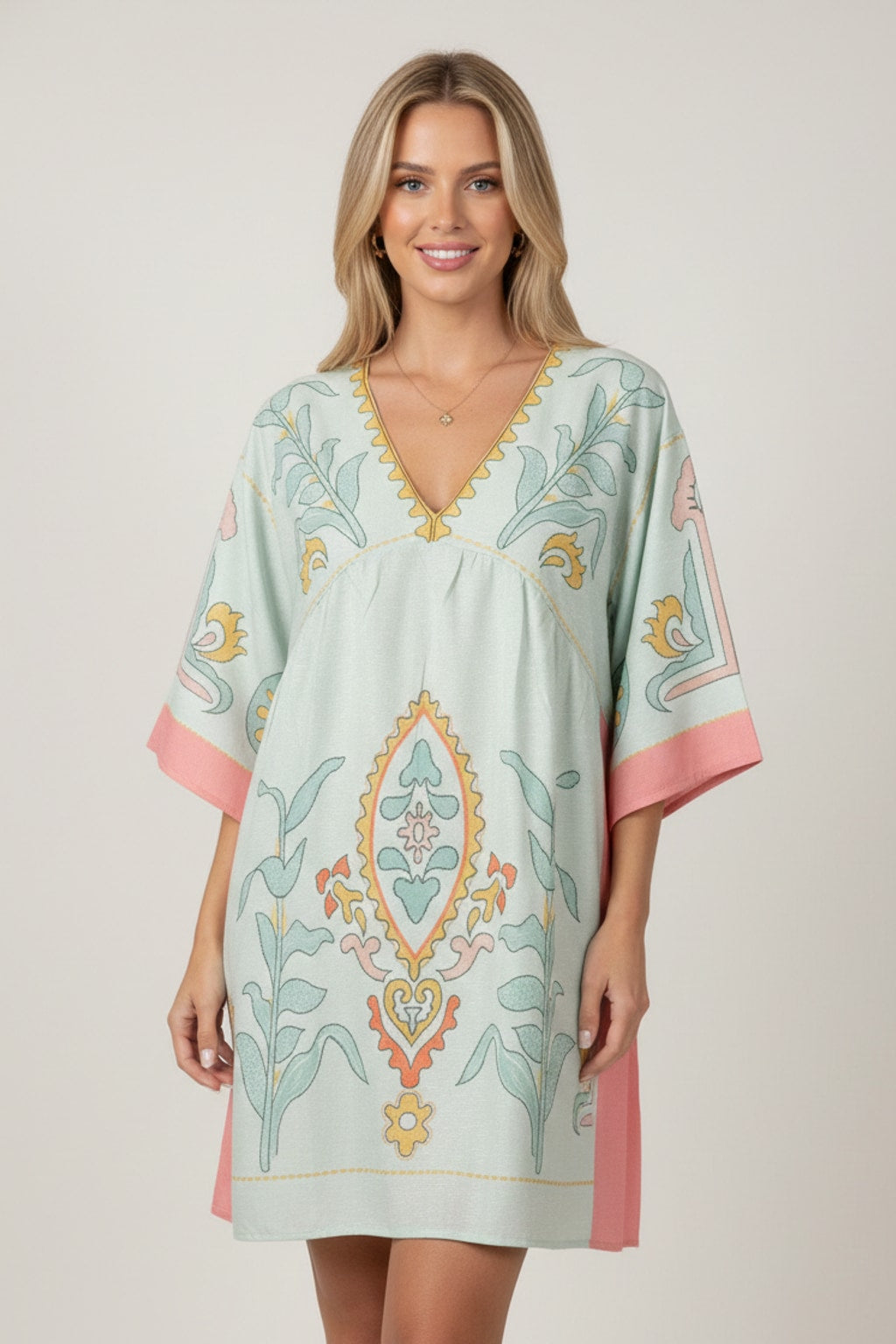 14448 Sage & Blush Floral Print V-Neck Dress