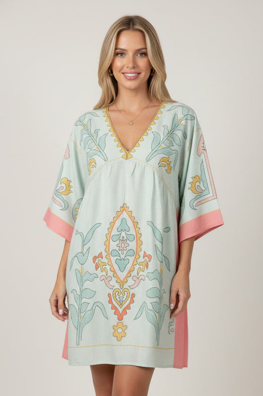 14448 Sage & Blush Floral Print V-Neck Dress