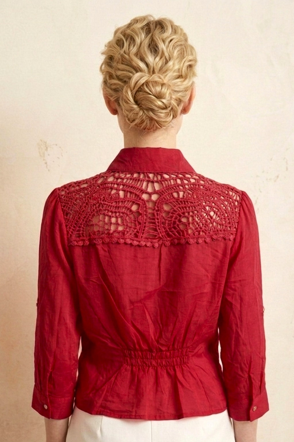 062 Boho Coral Crochet Lace Blouse