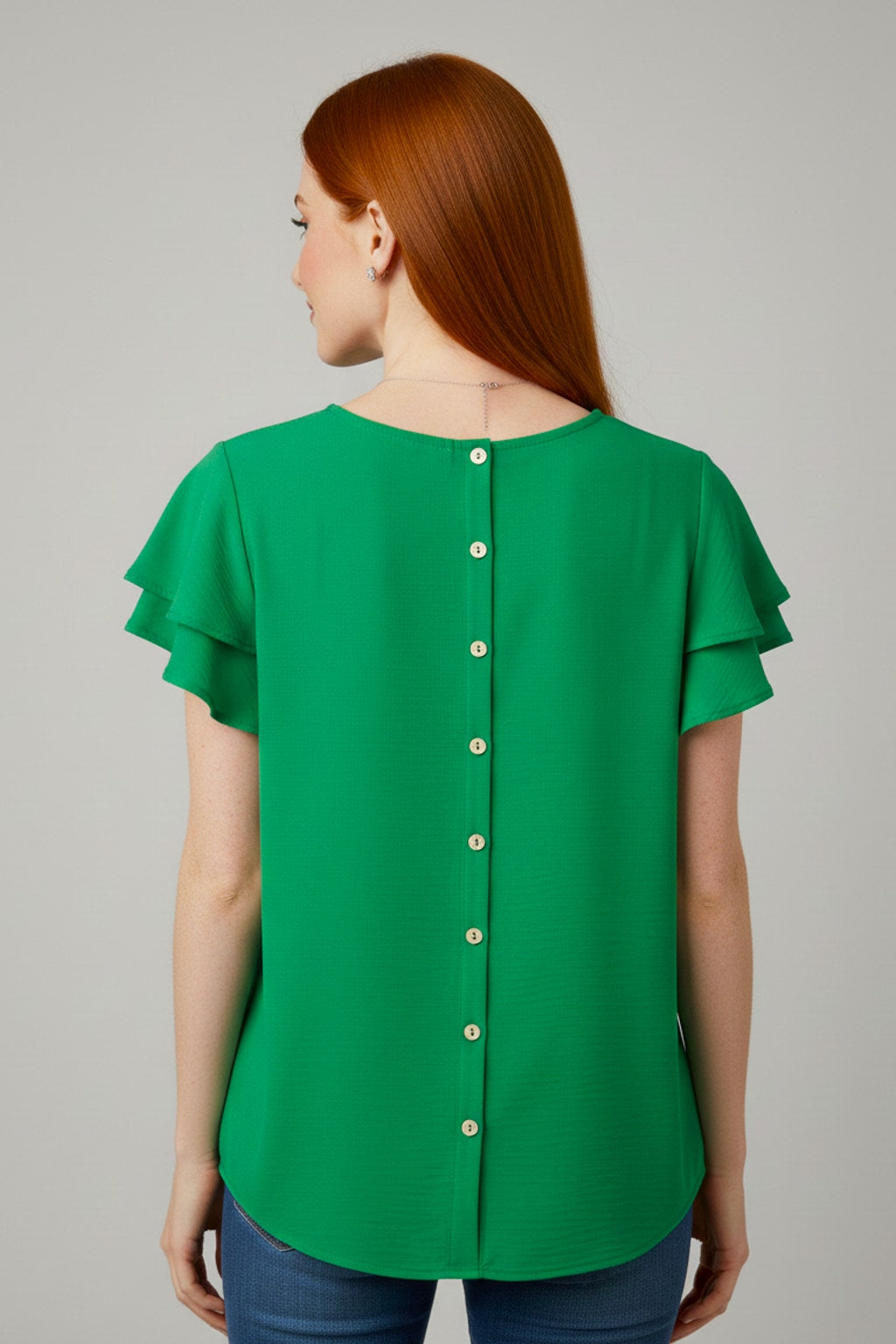 5812 Green Ruffle-Sleeve Button-Back Blouse