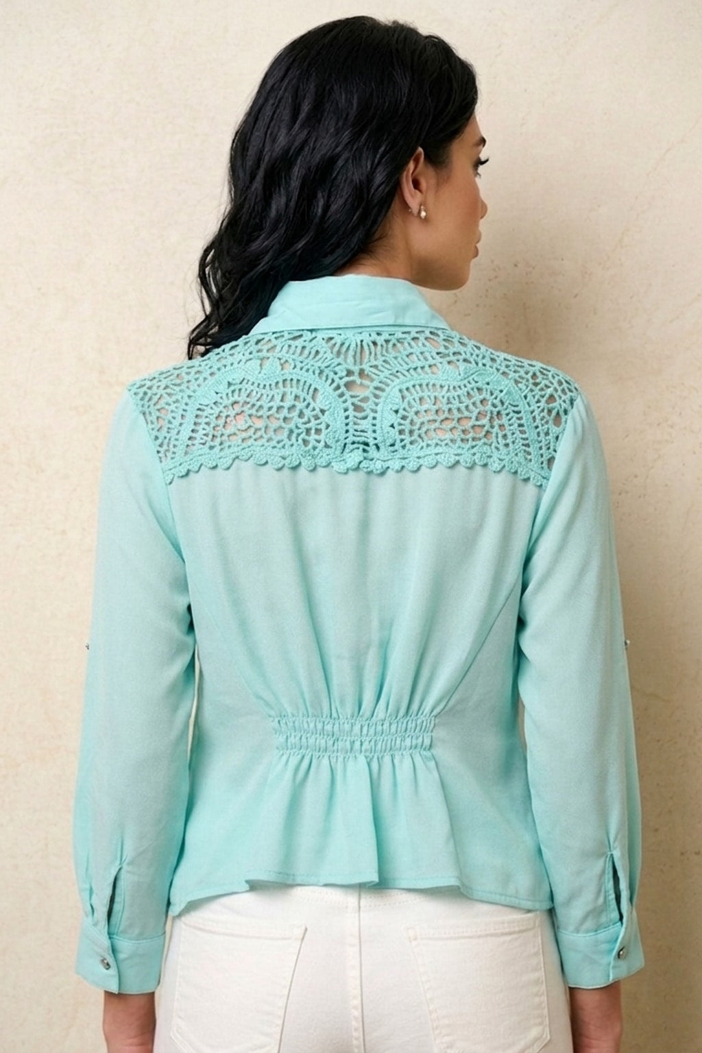 062 Boho Seafoam Green Crochet Lace Blouse