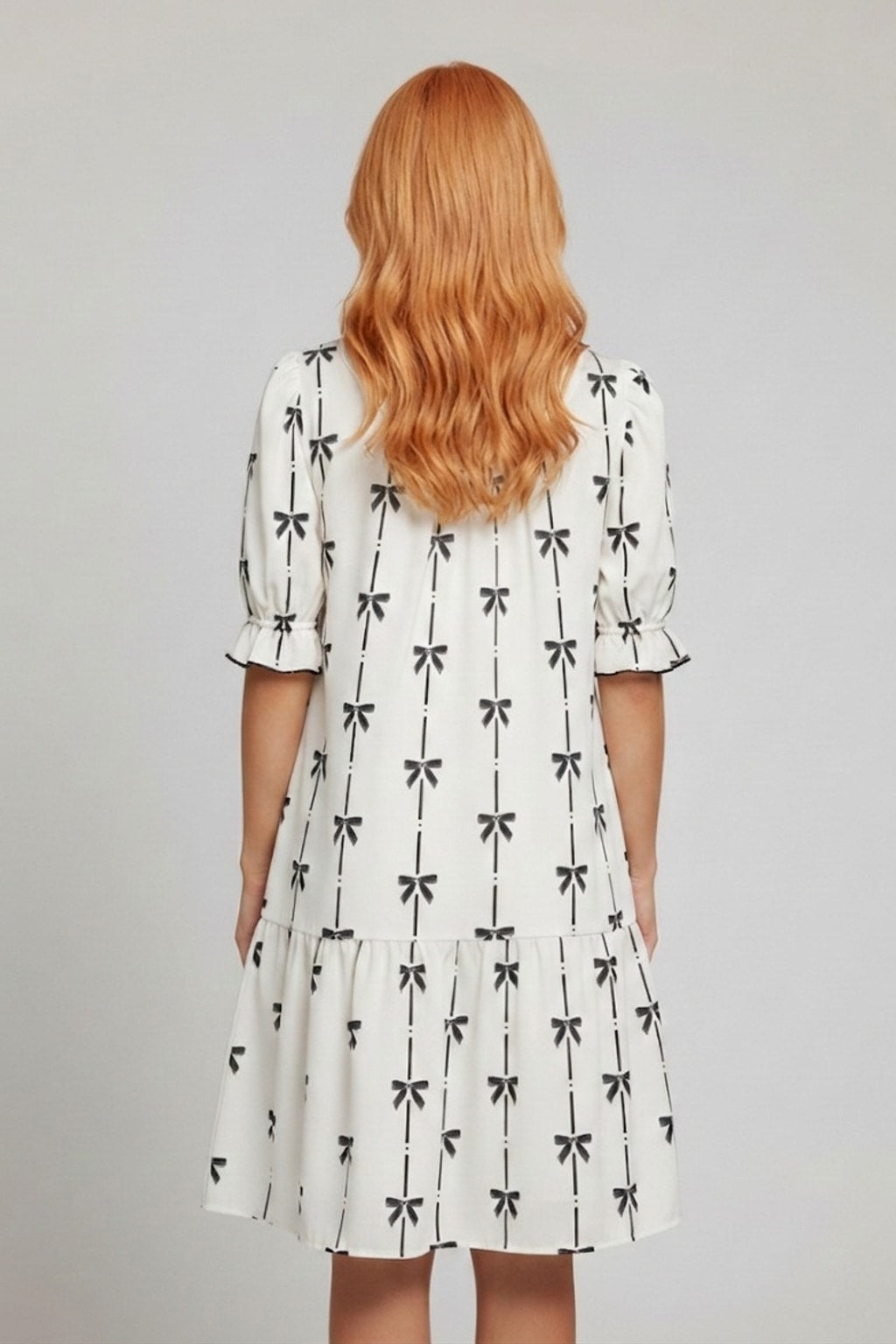 549 White and Black Romantic Bow Print Dress with side pockets