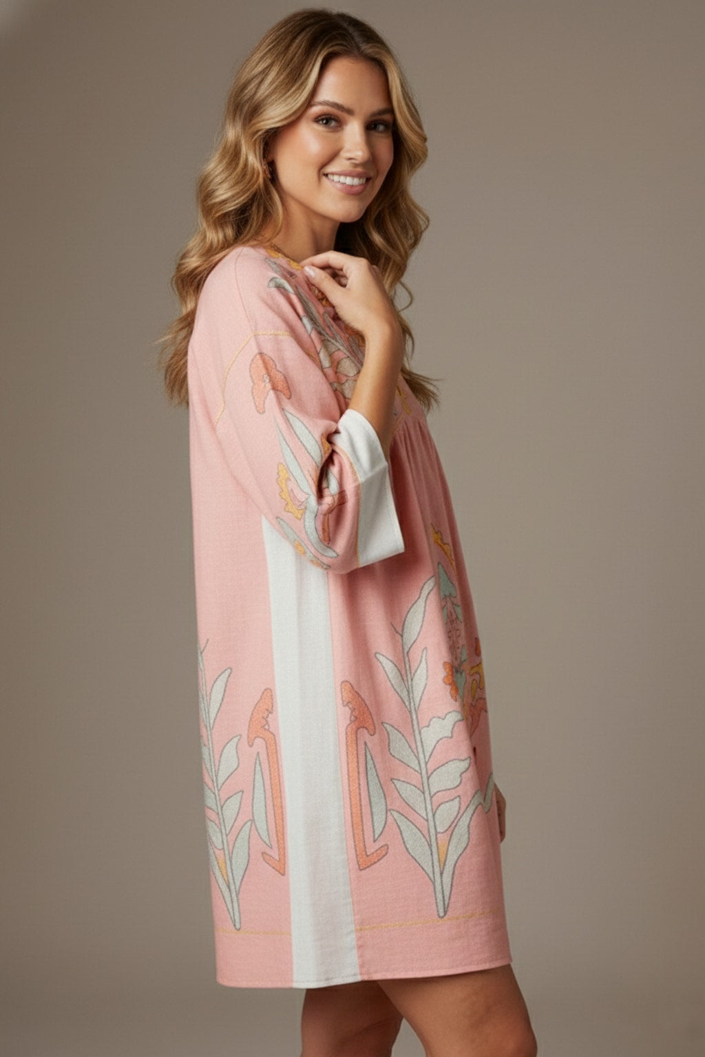 14448 Rose & Mint Floral Print V-Neck Dress