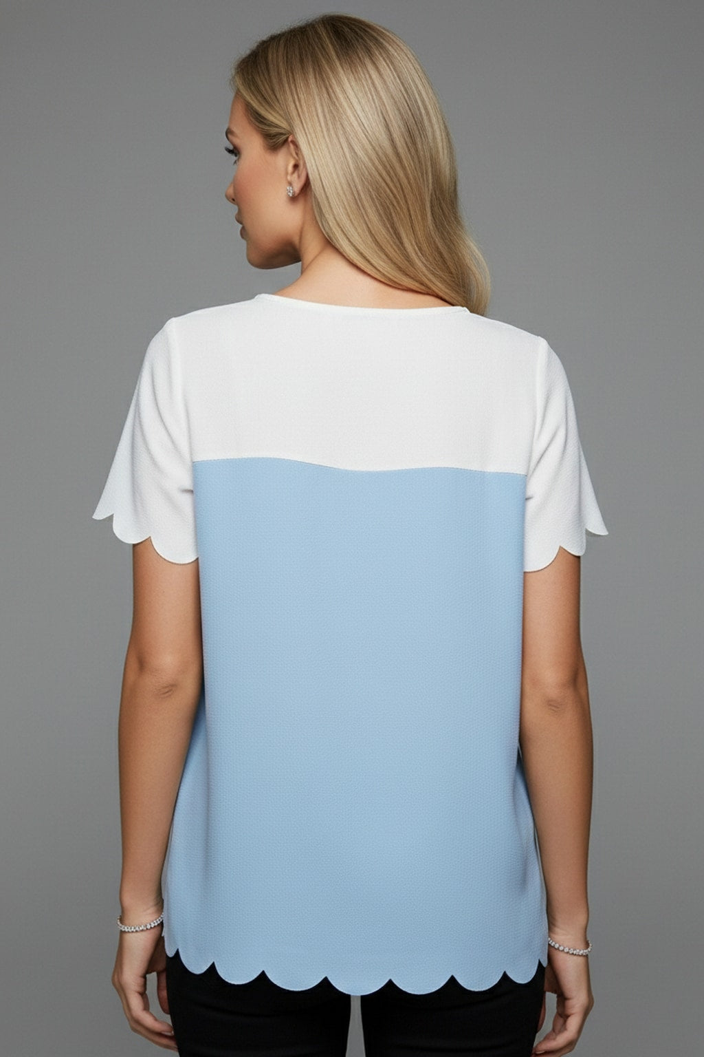 1431 Sky Blue & White Scalloped Blouse