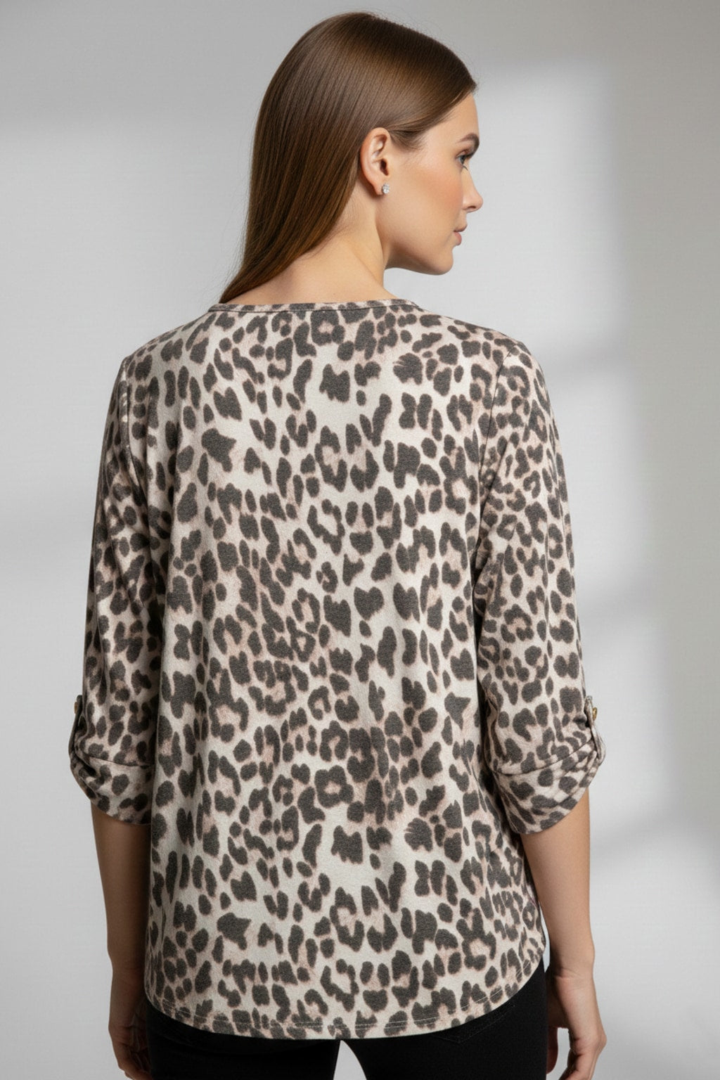 2172 Leopard Print Button-Tab Blouse
