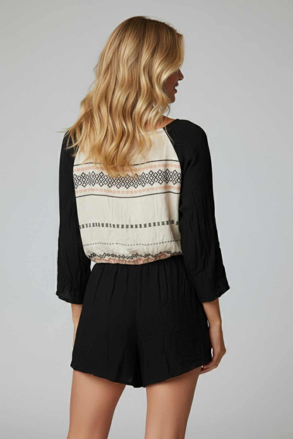 3043 Black & Cream Boho 3/4 Length Sleeve Romper