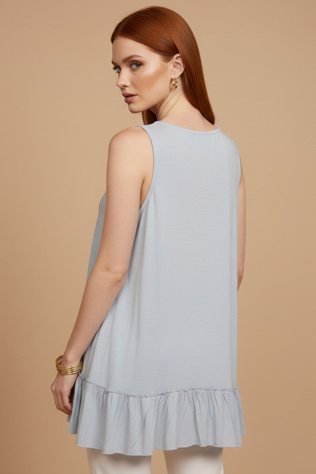 319 Powder Blue Ruffle-Hem Sleeveless Top