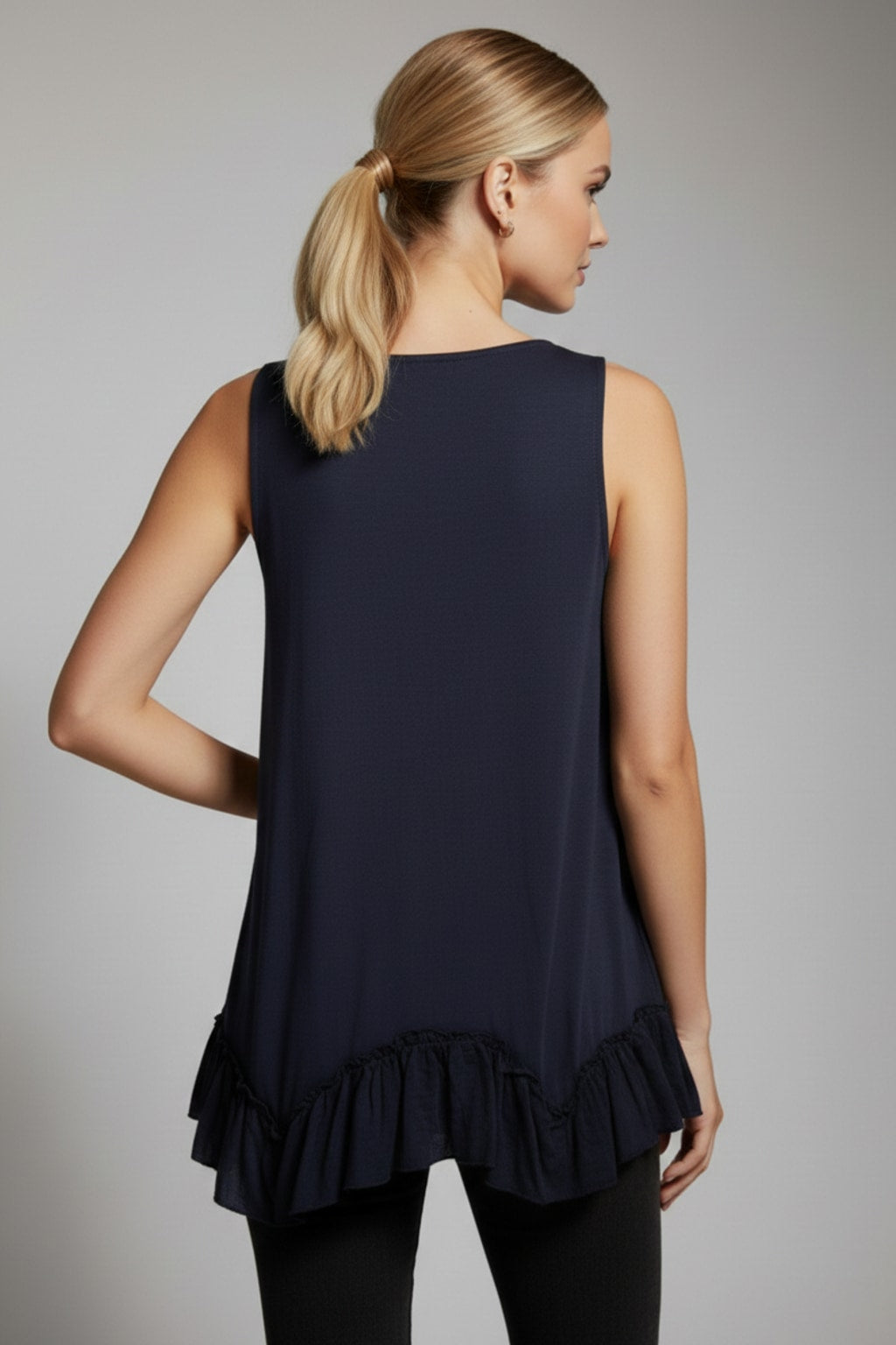 319 Navy Blue Ruffle-Hem Sleeveless Top