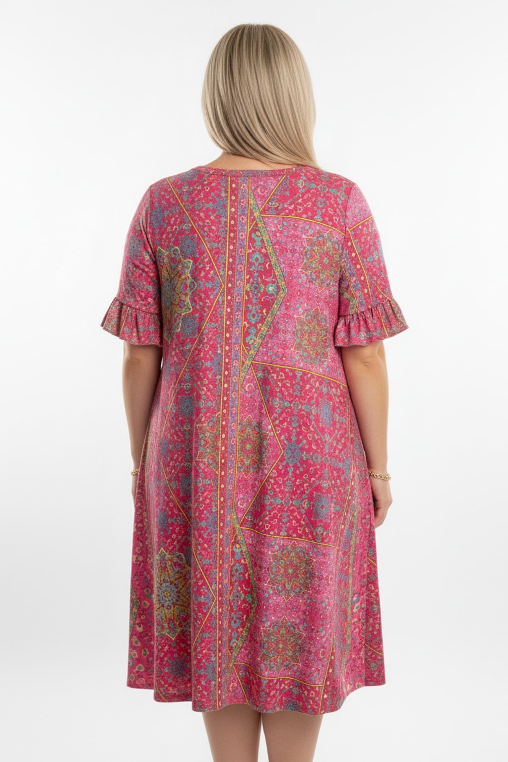 3600 Pink Boho Ruffle Sleeve Dress with side pockets Plus