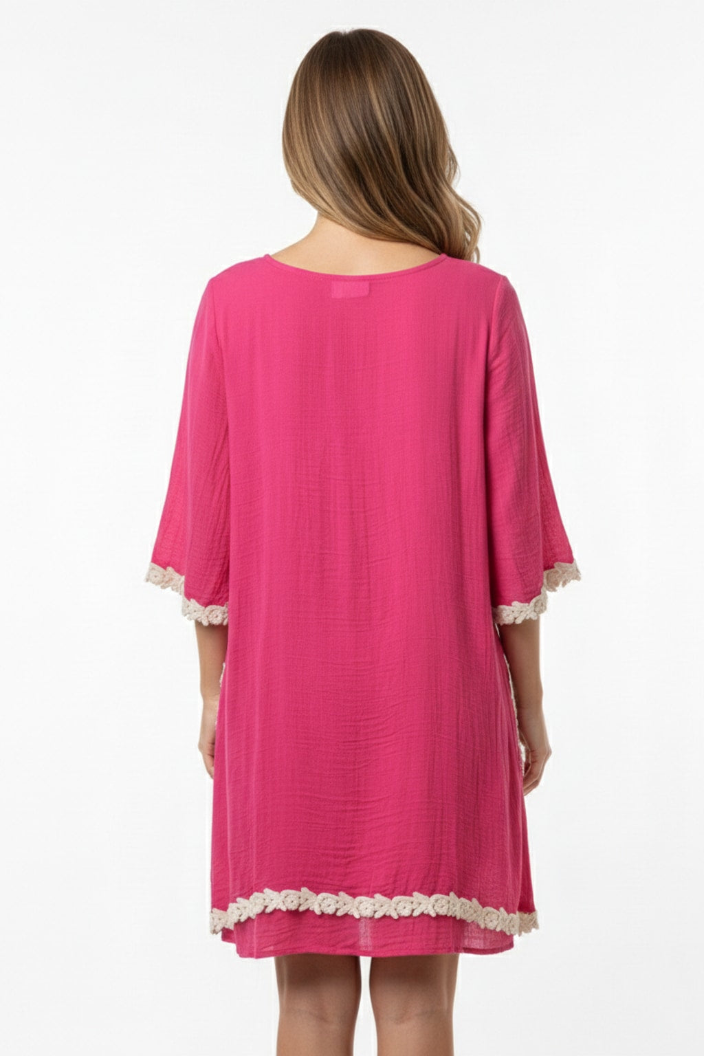4357 Raspberry Boho Lace-Trim Dress with side pockets