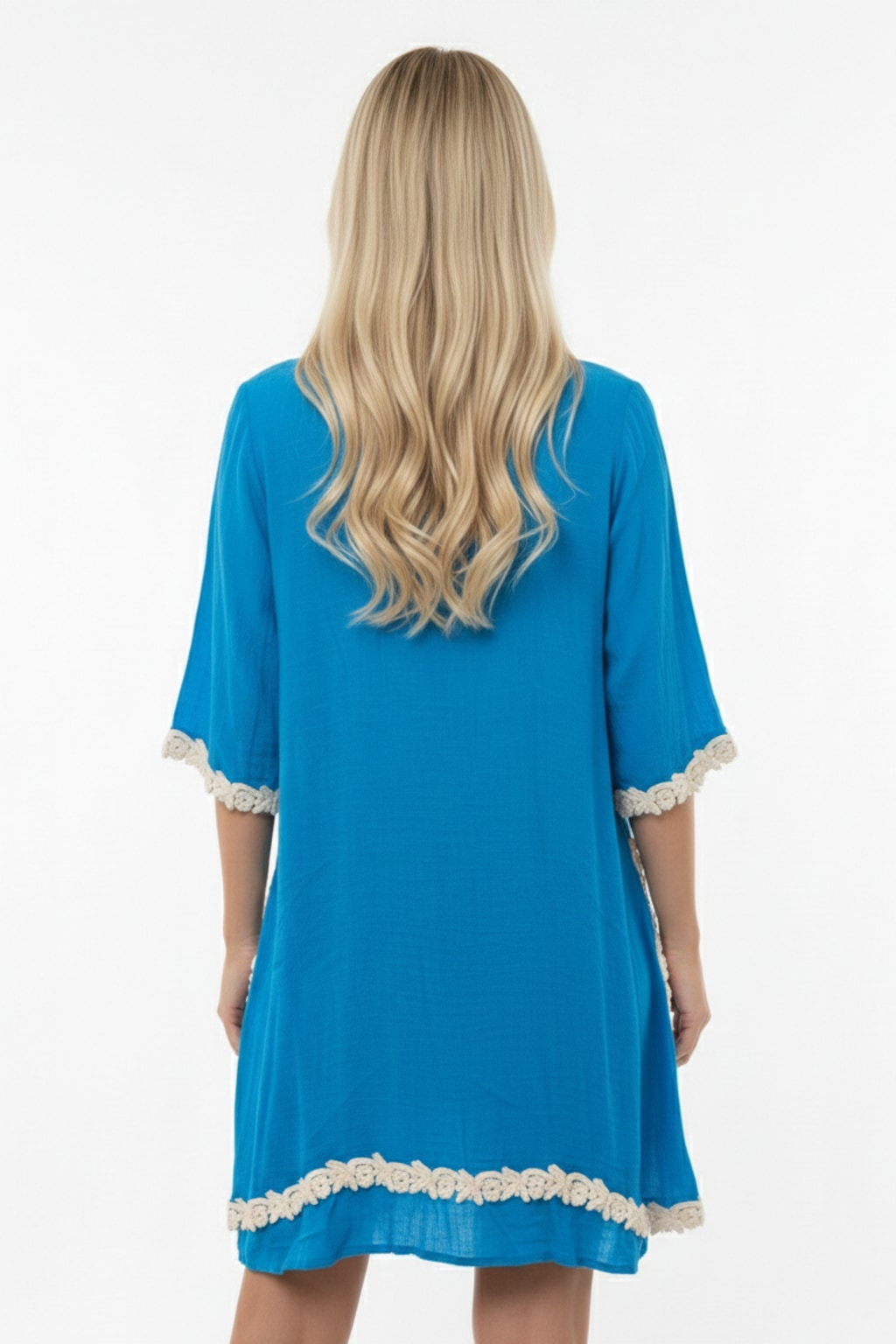 4357 Blue Horizon Boho Lace-Trim Dress with side pockets