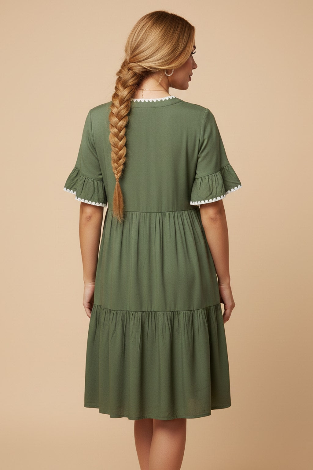 5253 Olive Tiered Scallop Smock Dress