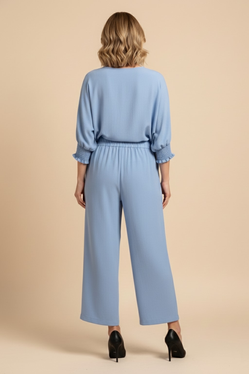 5547-S Sky Blue Smocked Sleeve Blouse and 1234 Pleated Trousers Two-Piece Set