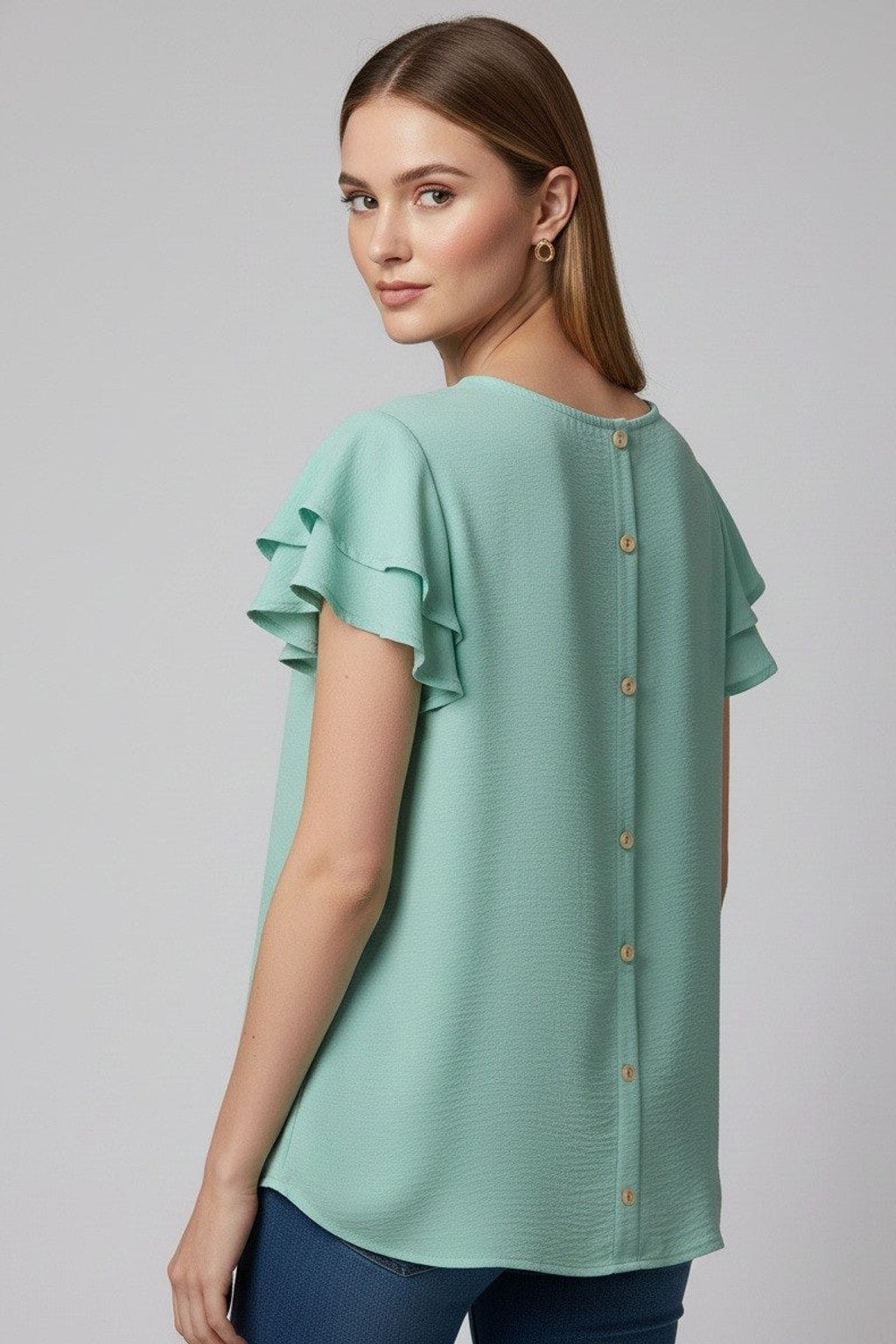 5812 Mint Green Ruffle-Sleeve Button-Back Blouse