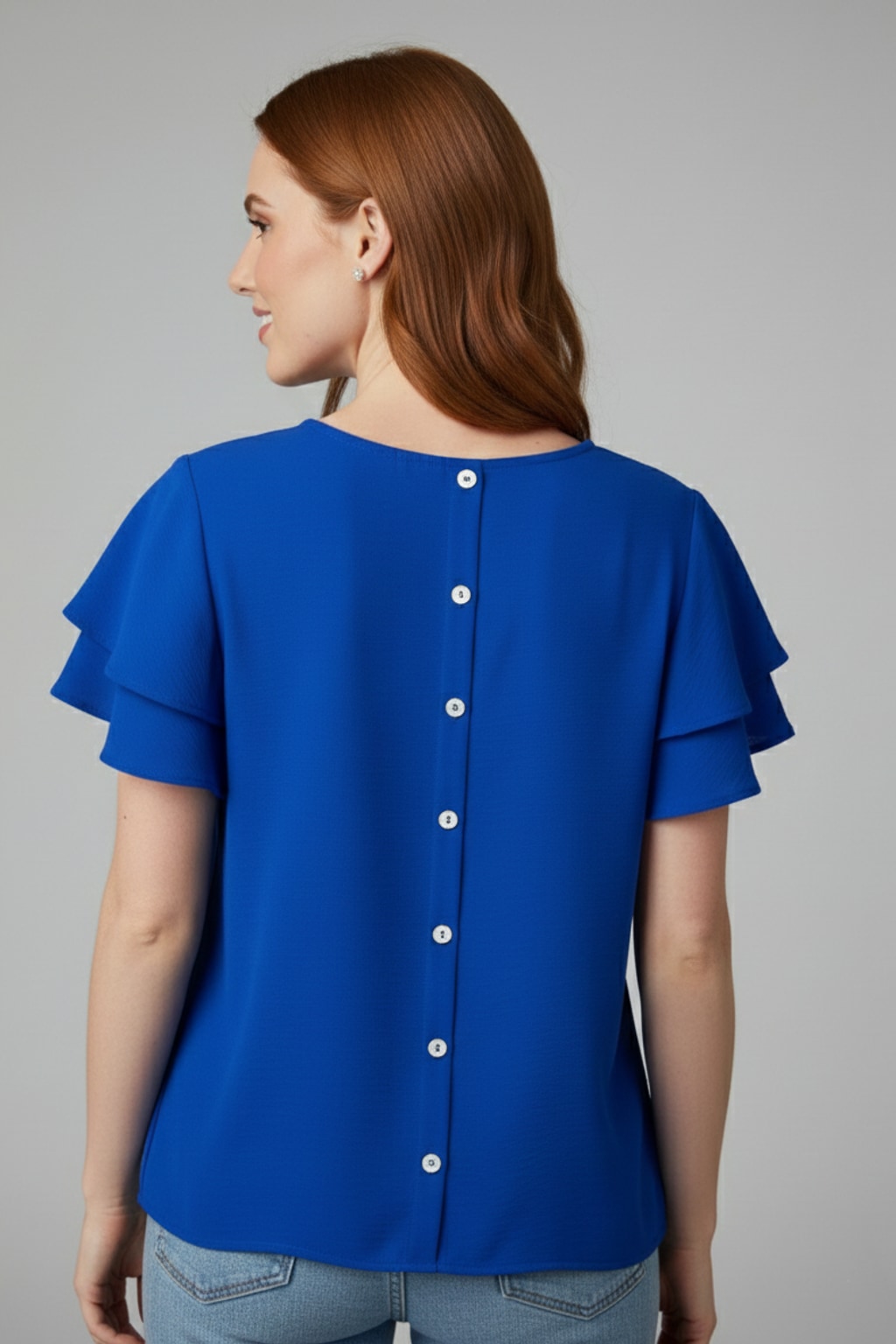 5812 Sapphire Ruffle-Sleeve Button-Back Blouse