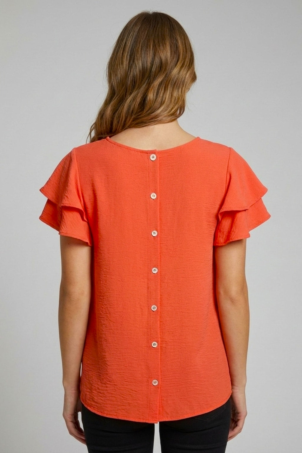 5812 Coral Orange Ruffle-Sleeve Button-Back Blouse