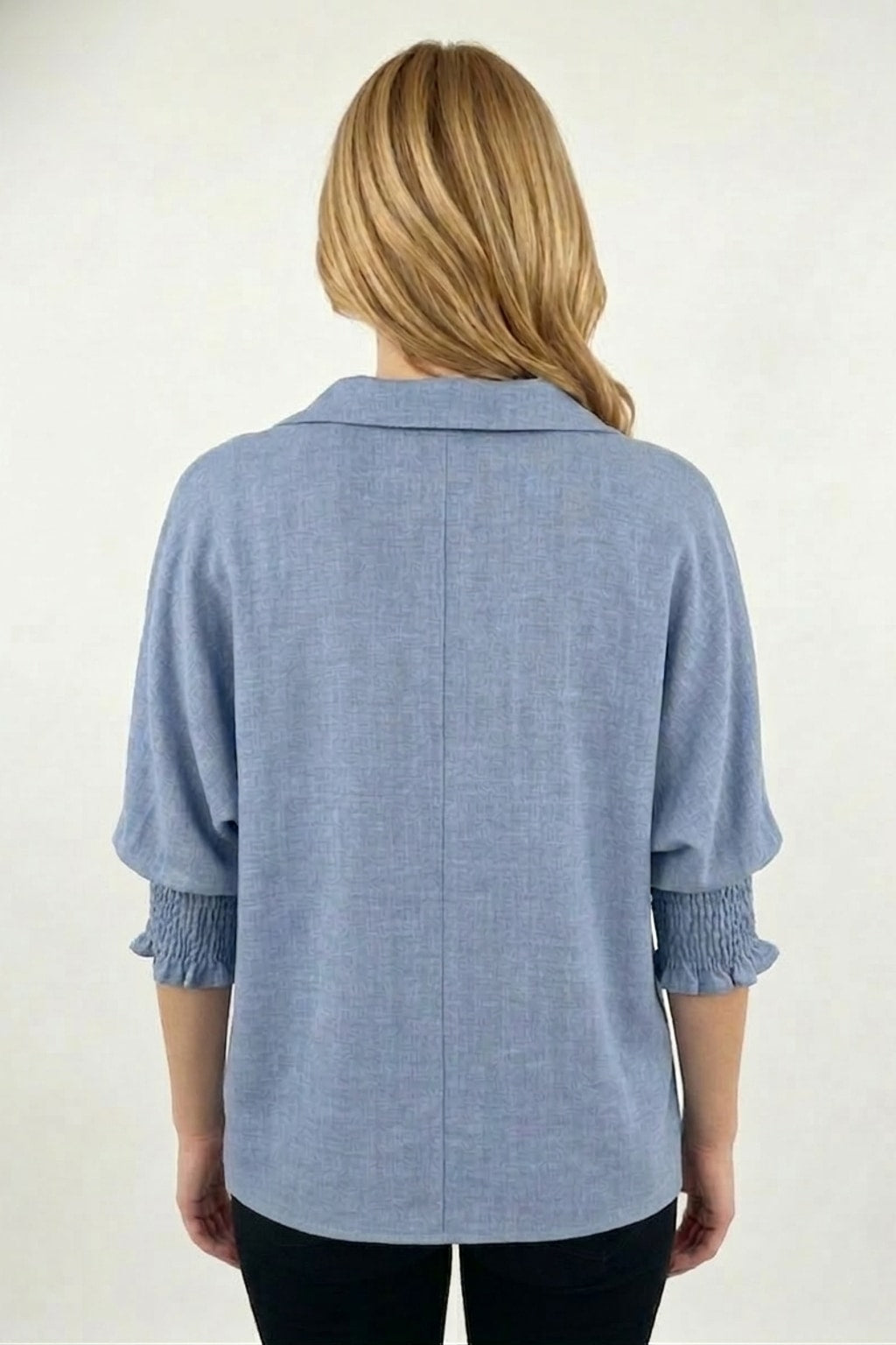 5820CC Misty Blue Smocked Sleeve Blouse