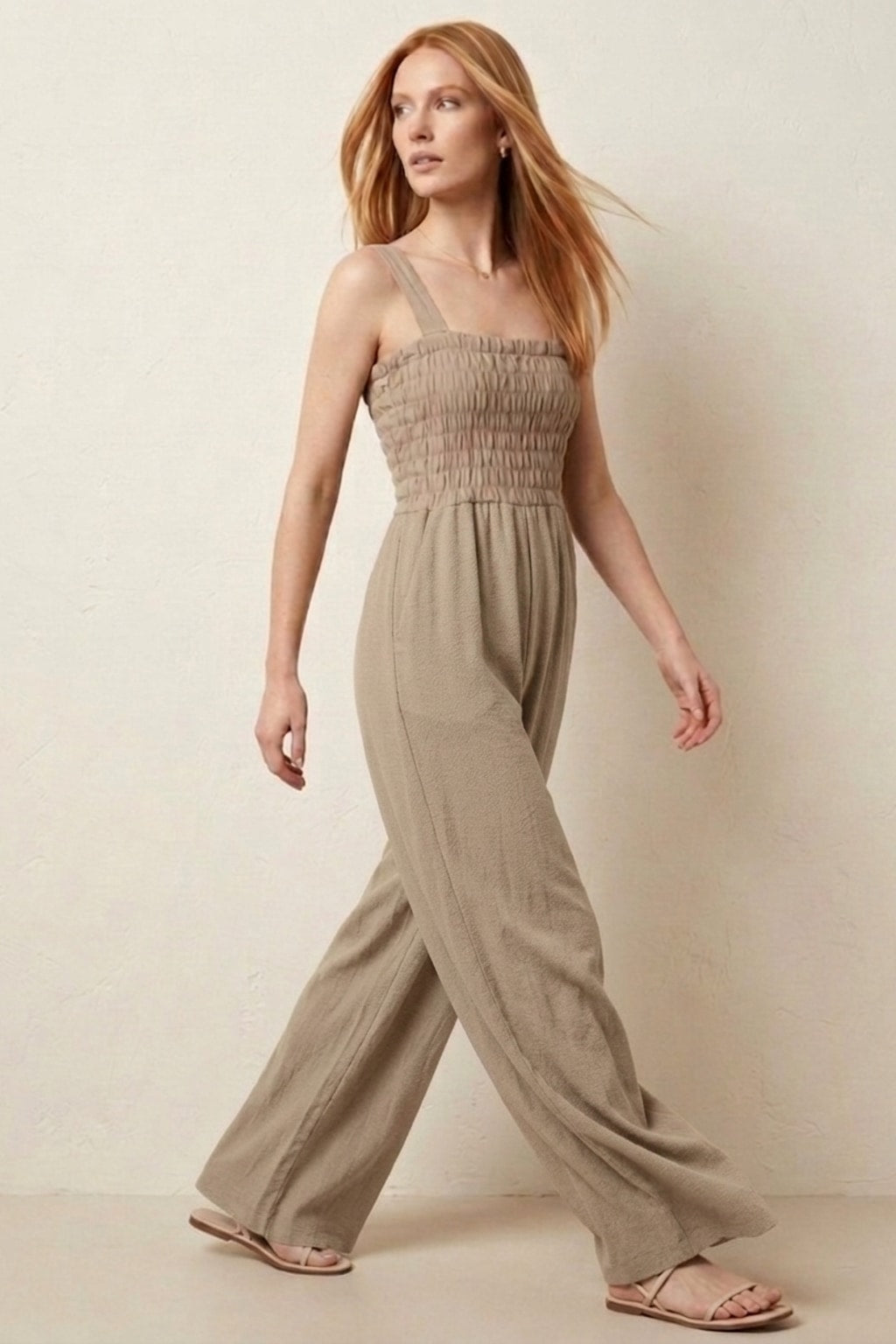 1086 Chic Taupe Smocked Jumpsuit with pockets