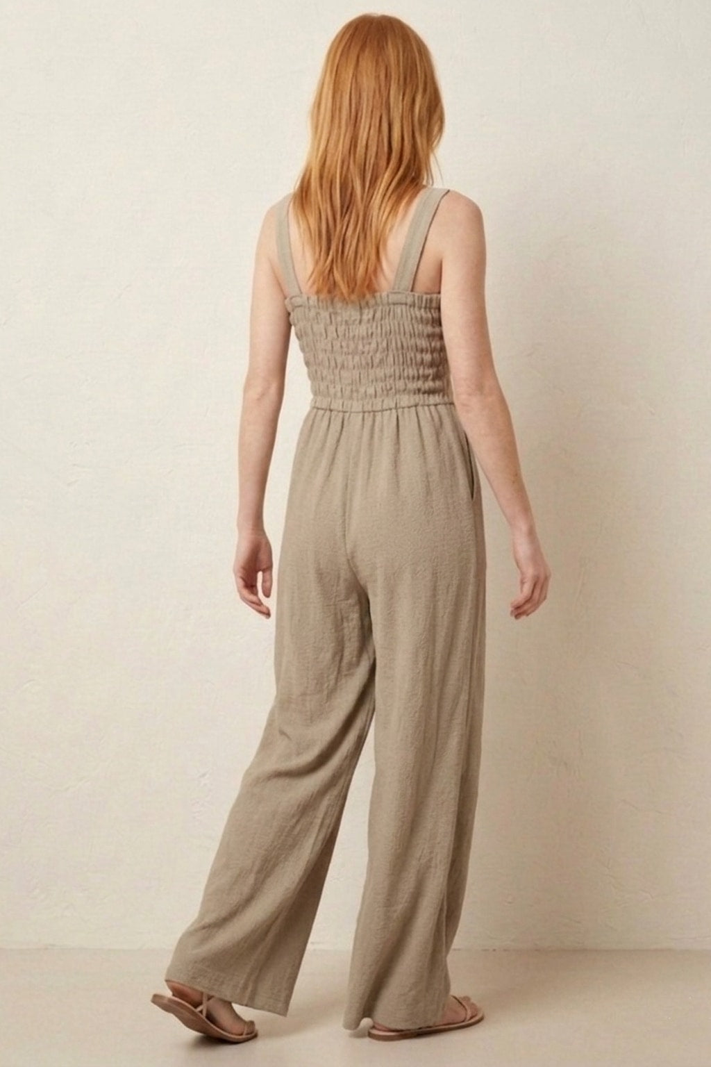1086 Chic Taupe Smocked Jumpsuit with pockets