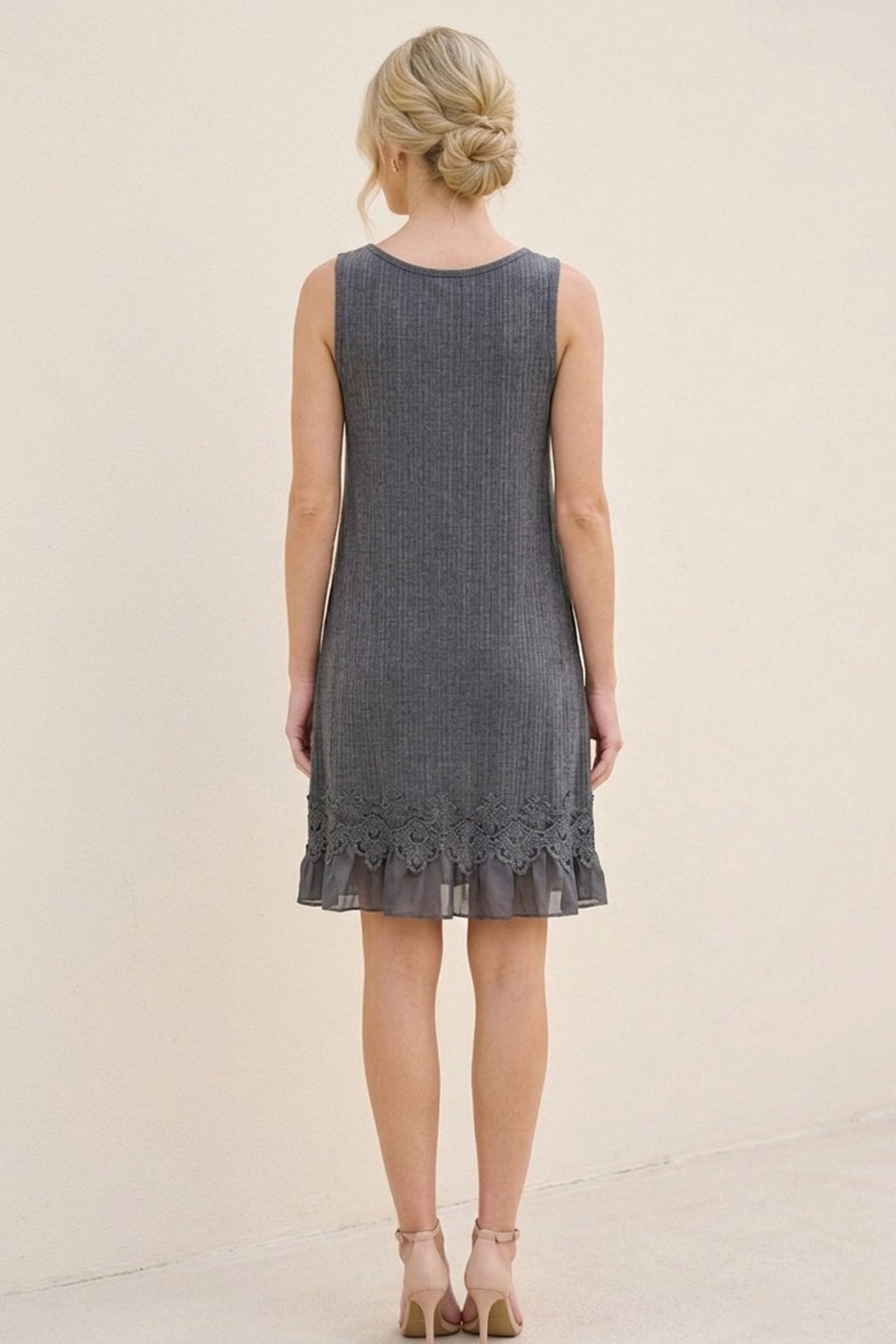 85000 Charcoal Gray Sleeveless Dress with Lace Hem